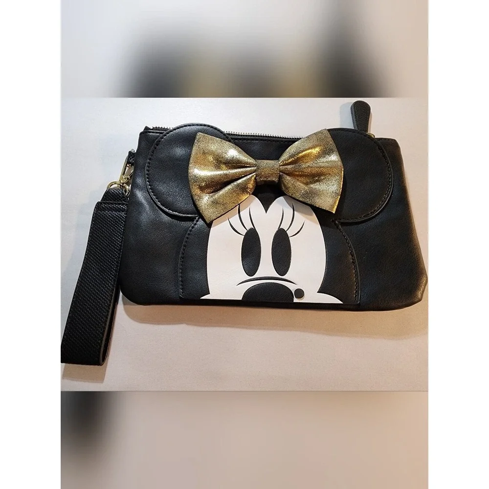 Disney Clutch Minnie Mouse Black Wristlet Clutch with Gold Bow